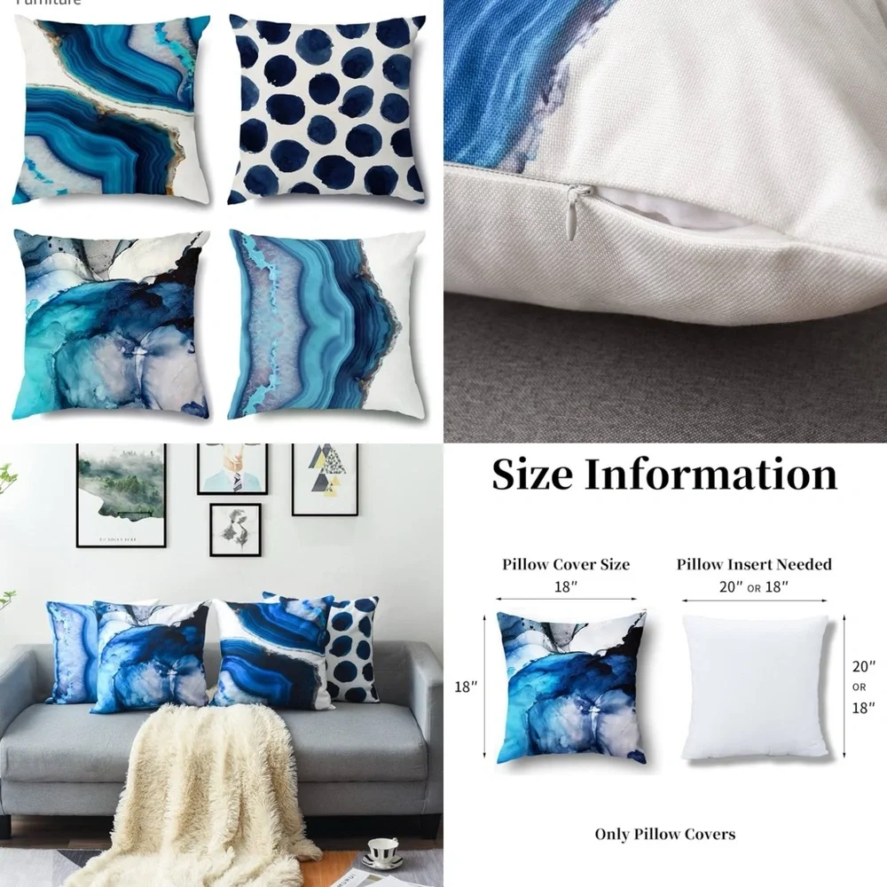 Set of 4 Blue Throw Pillow Covers | 18” x 18”